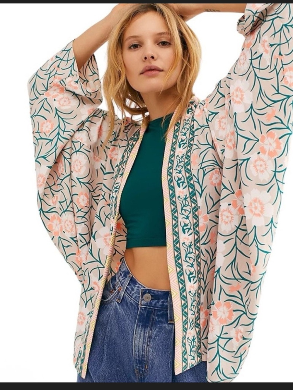 Free People Floral Kimono in Blush & Teal